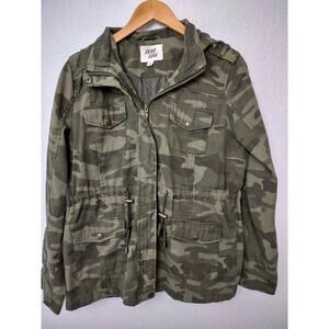 Outer‎ Edge Trucker Jacket Womens L Green Camo Canvas Hooded Zip Up